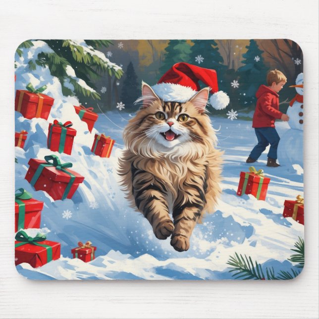 Perserkatten sitter i snö med julhatt musmatta (Framsidan)