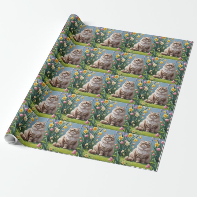 Perserkatts vårblommor målning presentpapper (Utrullad)
