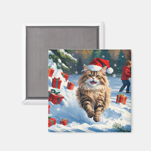 Perserkattsitting i snö med julhatt magnet