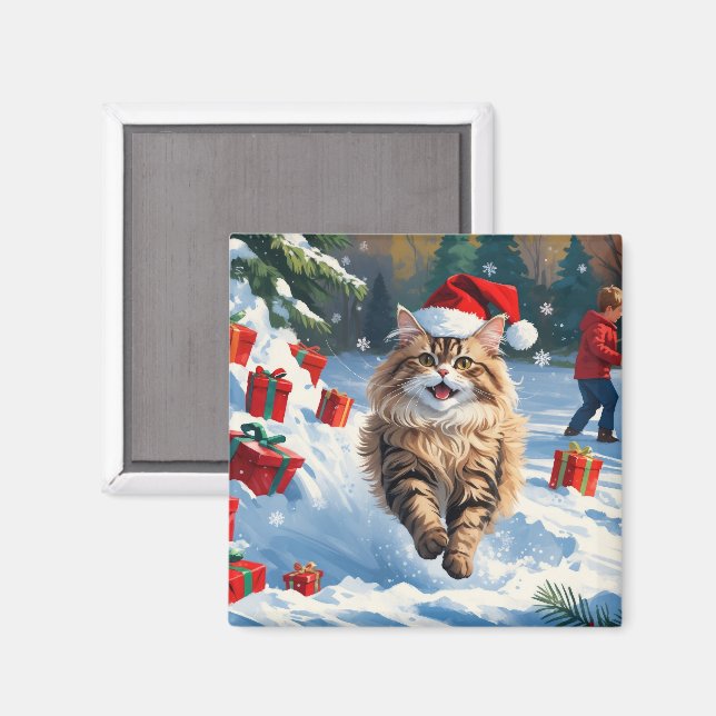 Perserkattsitting i snö med julhatt magnet (Front/Back)