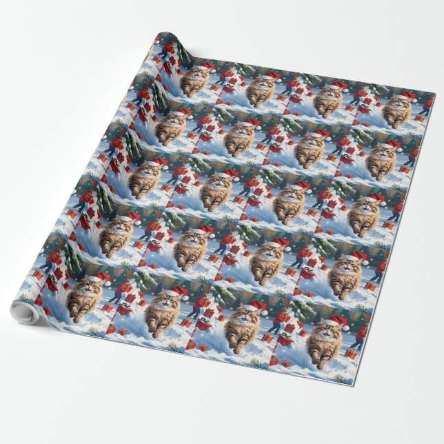 Perserkattsitting i snö med julhatt presentpapper (Utrullad)