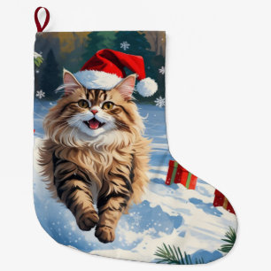 Perserkattsitting i snö med julhatt stor julstrumpa