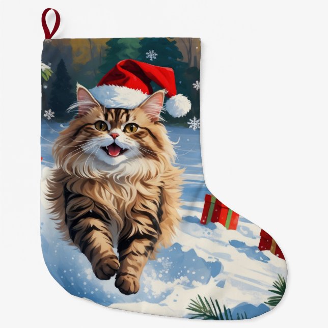 Perserkattsitting i snö med julhatt stor julstrumpa (Framsidan)