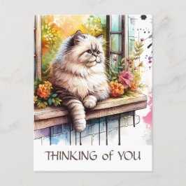 Persian Beige Cat in Window med sommarblommor Vykort