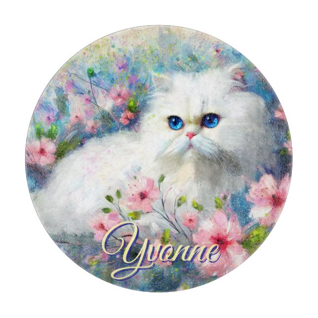 Persian Cat Blue Eyes in Pink Flowers Personalized (Framsidan)