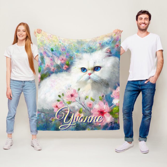 Persian Cat Blue Eyes in Pink Flowers Personalized Fleecefilt (På plats)