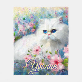 Persian Cat Blue Eyes in Pink Flowers Personalized Fleecefilt