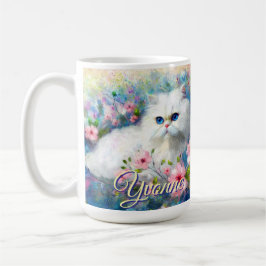 Persian Cat Blue Eyes in Pink Flowers Personalized Kaffemugg