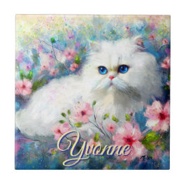 Persian Cat Blue Eyes in Pink Flowers Personalized Kakelplatta