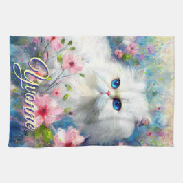 Persian Cat Blue Eyes in Pink Flowers Personalized Kökshandduk
