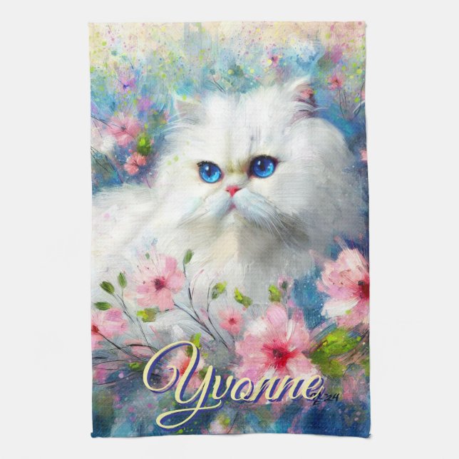 Persian Cat Blue Eyes in Pink Flowers Personalized Kökshandduk (Vertikal)