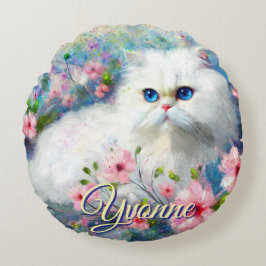 Persian Cat Blue Eyes in Pink Flowers Personalized Rund Kudde
