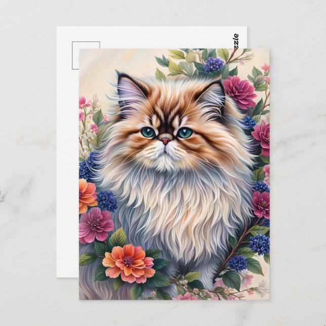 Persian Cat Color Blommigt Art Vykort (Fram/baksida)