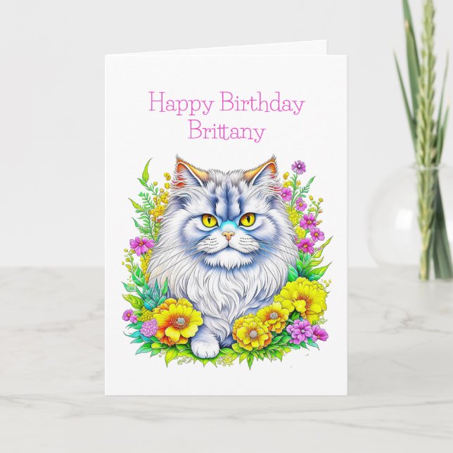 Persian Cat Flowers Personlig Birthday Kort (Framsida)