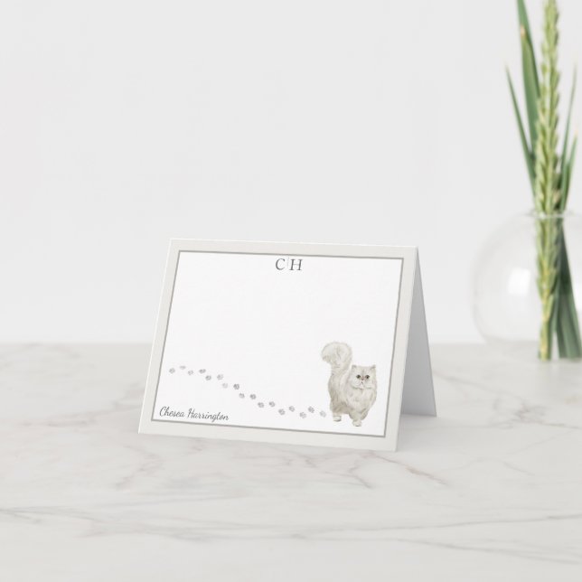 Persian Cat Grått Gräns Monogram Namn-vikt Tack Kort (Framsida)