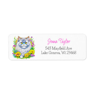Persian Cat Gult and Rosa Flowers Personlig Returadress Etikett