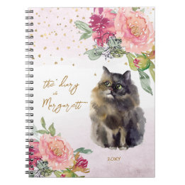 Persian Cat Illustration Flowers Girl Daily Diary Anteckningsbok