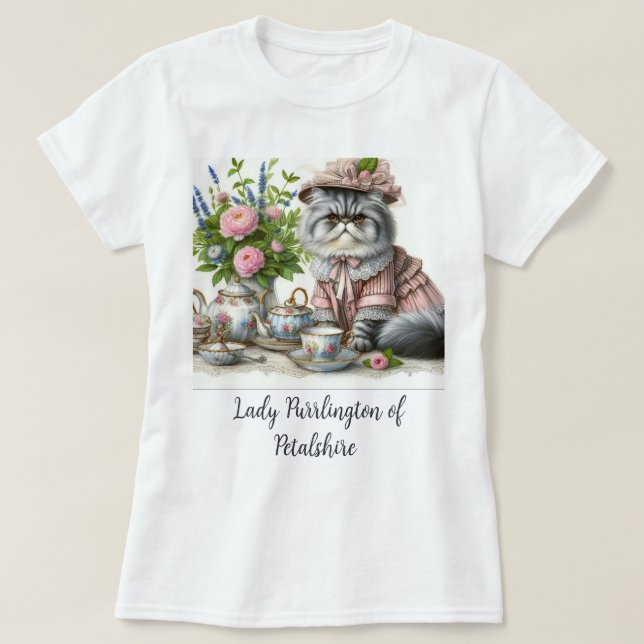 Persian Cat in Blommigt Hat Pearls at Tea Party T Shirt (Design framsida)