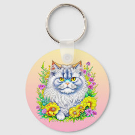 Persian Cat in Flowers Personlig Nyckelring