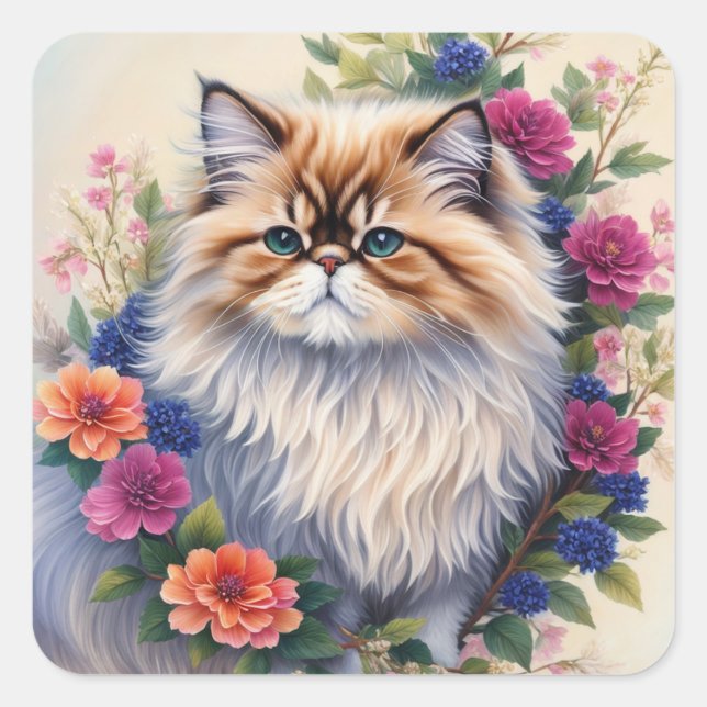 Persian Cat Multifärgad Flowers Fyrkantigt Klistermärke (Framsida)
