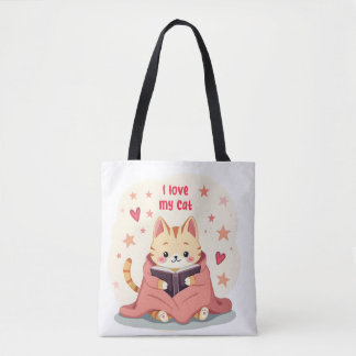 Persian Cat reading book tote bag, stylish handy b Tygkasse