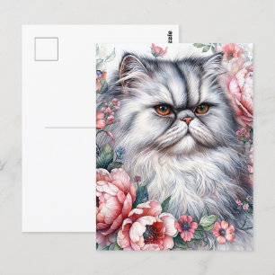 Persian Cat Rosa Flowers Watercolor Art Vykort