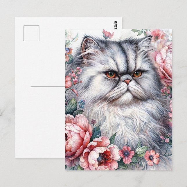 Persian Cat Rosa Flowers Watercolor Art Vykort (Fram/baksida)