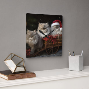 Persian Cat Snowy Sleigh-juldekretet Fyrkantig Klocka