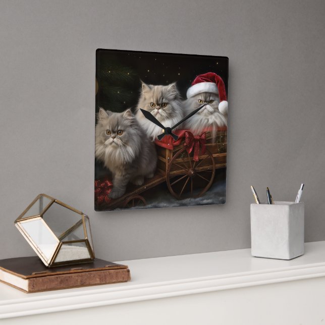 Persian Cat Snowy Sleigh-juldekretet Fyrkantig Klocka (Kontor)