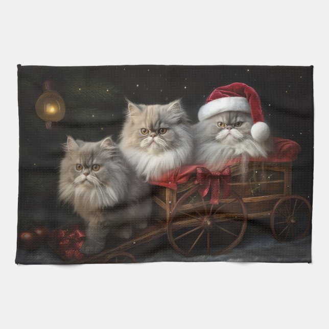 Persian Cat Snowy Sleigh-juldekretet Kökshandduk (Horisontell)