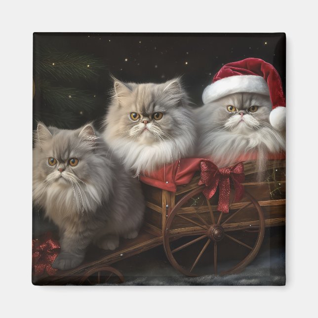Persian Cat Snowy Sleigh-juldekretet Magnet (Framsidan)