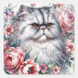 Persian Cat Watercolor Blommigt Porträtt Fyrkantigt Klistermärke