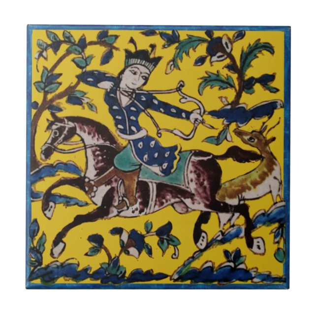 Persian Horseman Hjort Hunter Repro 1800-talet Kakelplatta (Framsidan)