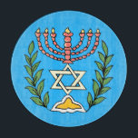 Persian Magen David Menorah<br><div class="desc">Bilden har anpassats från en antikisk persisk judisk bricka och innehåller en menorah med en Magen David (David-stjärnan) som är inramad av oliv grenar. Den ursprungliga,  handmålade bildens defekter har bevarats.</div>