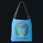Persian Magen David Menorah Axelväska<br><div class="desc">Bilden har anpassats från en antikisk persisk judisk bricka och innehåller en menorah med en Magen David (David-stjärnan) som är inramad av oliv grenar. Den ursprungliga, handmålade bildens defekter har bevarats. Lägg till din egen text. Du kan välja en annan bakgrund färg, och det ser trevligt ut på vägens naturliga...</div>