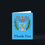 Persian Magen David Menorah Helgkort<br><div class="desc">Ett tackkort som ska åtfölja inbjudningar från Pub/Bat mitzvah med samma utformning. Bilden har anpassats från en antikisk persisk judisk bricka och innehåller en menorah med en Magen David (David-stjärnan) som är inramad av oliv grenar. Den ursprungliga,  handmålade bildens defekter har bevarats.</div>