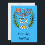 Persian Magen David Menorah Inbjudningar<br><div class="desc">Bilden har anpassats från en antikisk persisk judisk bricka och innehåller en menorah med en Magen David (David-stjärnan) som är inramad av oliv grenar. Den ursprungliga,  handmålade bildens defekter har bevarats.</div>