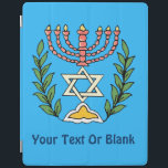 Persian Magen David Menorah iPad Skydd<br><div class="desc">Bilden har anpassats från en antikisk persisk judisk bricka och innehåller en menorah med en Magen David (David-stjärnan) som är inramad av oliv grenar. Den ursprungliga,  handmålade bildens defekter har bevarats. Lägg till din egen text.</div>