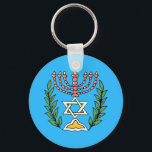 Persian Magen David Menorah Nyckelring<br><div class="desc">Bilden har anpassats från en antikisk persisk judisk bricka och innehåller en menorah med en Magen David (David-stjärnan) som är inramad av oliv grenar. Den ursprungliga,  handmålade bildens defekter har bevarats.</div>