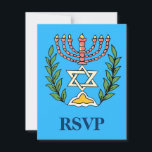 Persian Magen David Menorah OSA Kort<br><div class="desc">En OSA kort som ska åtfölja Pub/Bat mitzvah inbjudningar med samma utformning. Bilden har anpassats från en antikisk persisk judisk bricka och innehåller en menorah med en Magen David (David-stjärnan) som är inramad av oliv grenar. Den ursprungliga,  handmålade bildens defekter har bevarats.</div>