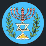 Persian Magen David Menorah Runt Klistermärke<br><div class="desc">Bilden har anpassats från en antikisk persisk judisk bricka och innehåller en menorah med en Magen David (David-stjärnan) som är inramad av oliv grenar. Den ursprungliga,  handmålade bildens defekter har bevarats.</div>