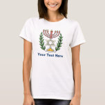Persian Magen David Menorah Tee<br><div class="desc">Bilden har anpassats från en antikisk persisk judisk bricka och innehåller en menorah med en Magen David (David-stjärnan) som är inramad av oliv grenar. Den ursprungliga,  handmålade bildens defekter har bevarats.</div>