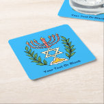 Persian Magen David Menorah Underlägg Papper Kvadrat<br><div class="desc">Bilden har anpassats från en antikisk persisk judisk bricka och innehåller en menorah med en Magen David (David-stjärnan) som är inramad av oliv grenar. Den ursprungliga,  handmålade bildens defekter har bevarats. Lägg till din egen text.</div>