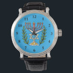 Persian Menorah och Magen David Armbandsur<br><div class="desc">Bilden har anpassats från en antikisk persisk judisk bricka och innehåller en menorah med en Magen David (David-stjärnan) som är inramad av oliv grenar. Den ursprungliga,  handmålade bildens defekter har bevarats.</div>