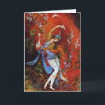 Persian Miniature Dancing Nymph Kort<br><div class="desc">Vackra målningar av en ung flicka,  nymph,  med traditionell iransk folkdräkt med blomstrande plakat,  dans och hällande vin från jug mot en fantastisk bakgrund,  mest skarp röd</div>
