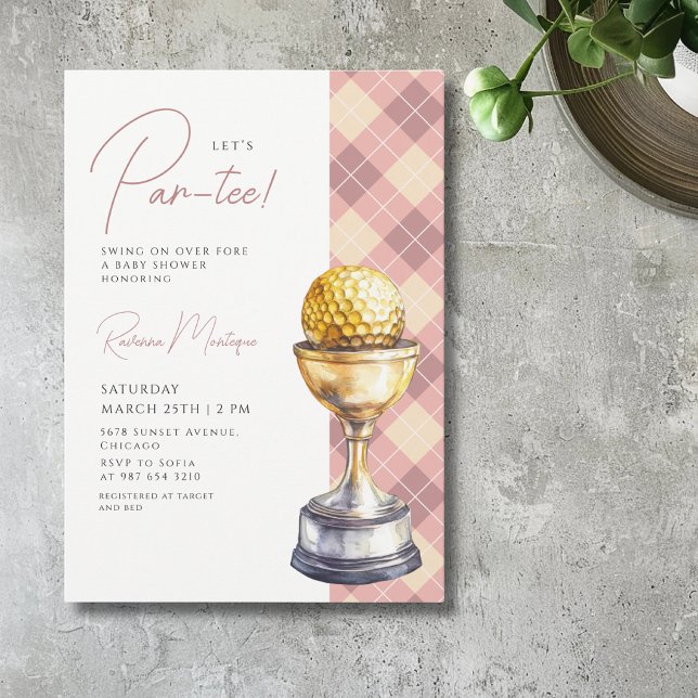 Persika Argyle Golf Trophy Låter Par-Tee Baby Show Inbjudningar (Skapare uppladdad)