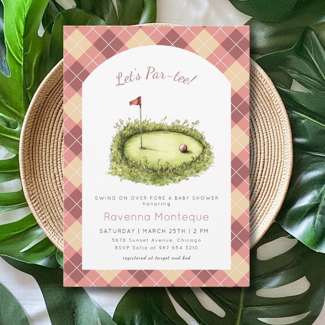 Persika Argyle Golfhål Låter Par Tee Baby Shower Inbjudningar (Skapare uppladdad)