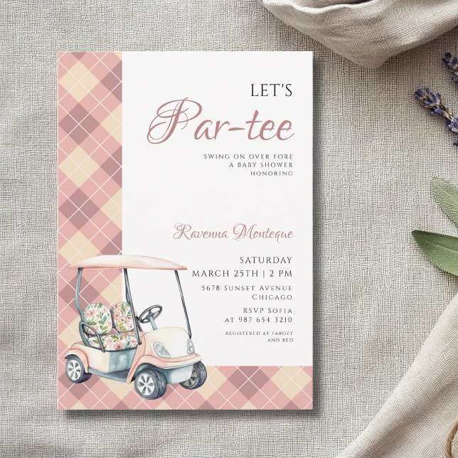 Persika Argyle Golfkärra Låter Par Tee Baby Shower Inbjudningar (Skapare uppladdad)