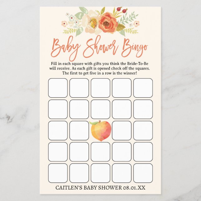 Persika Baby Shower Bingo Söt Persika Bebis Flygblad (Framsidan)