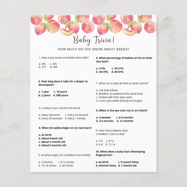 Persika Baby Trivia | Baby Shower-spel (Framsida)